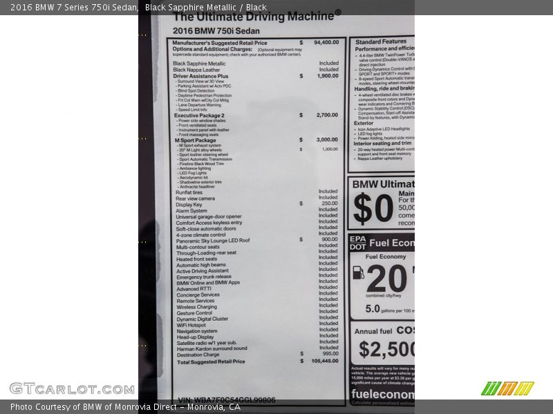  2016 7 Series 750i Sedan Window Sticker