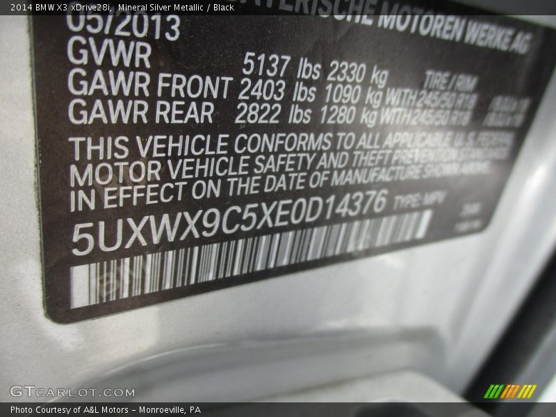Mineral Silver Metallic / Black 2014 BMW X3 xDrive28i