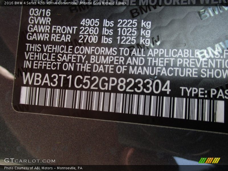 Mineral Grey Metallic / Black 2016 BMW 4 Series 428i xDrive Convertible