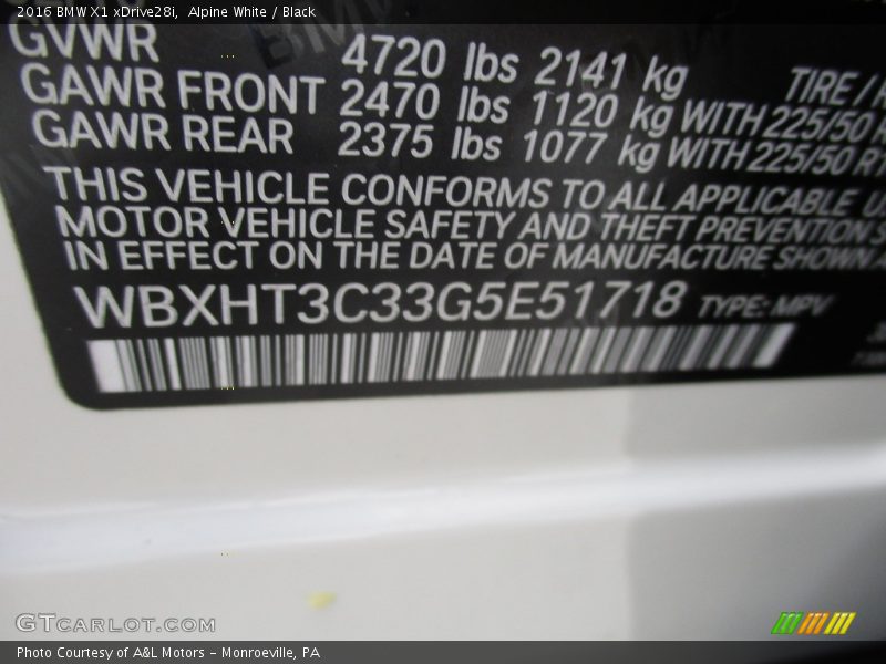 Alpine White / Black 2016 BMW X1 xDrive28i