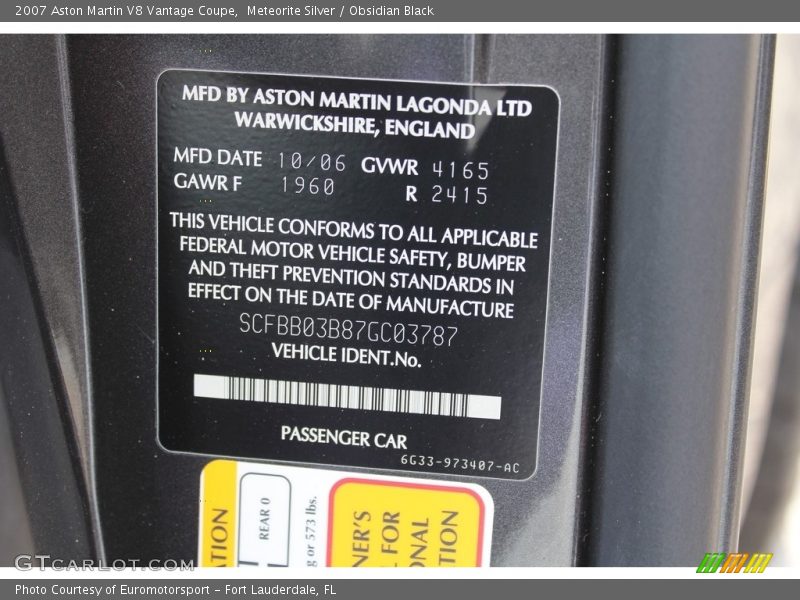 Meteorite Silver / Obsidian Black 2007 Aston Martin V8 Vantage Coupe
