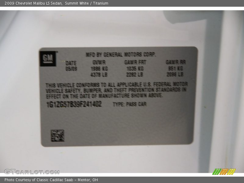 Summit White / Titanium 2009 Chevrolet Malibu LS Sedan