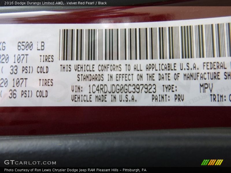 Velvet Red Pearl / Black 2016 Dodge Durango Limited AWD