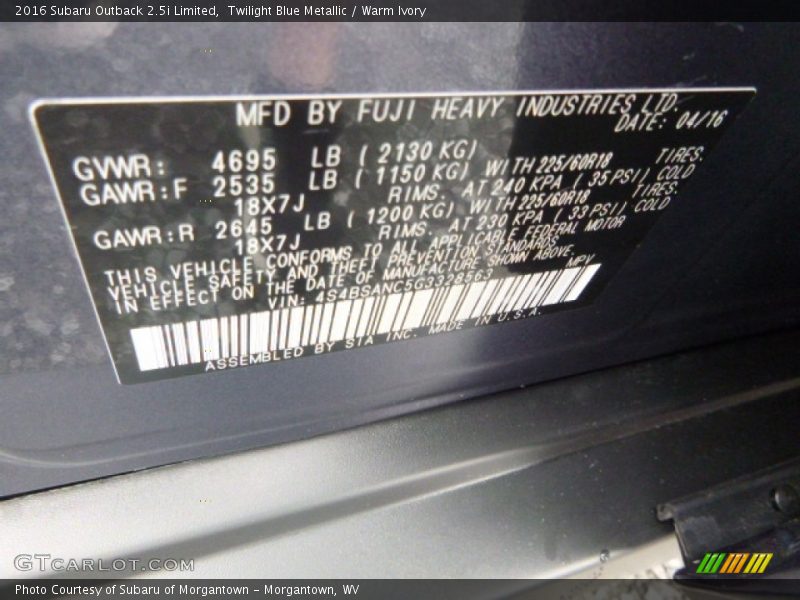 Twilight Blue Metallic / Warm Ivory 2016 Subaru Outback 2.5i Limited