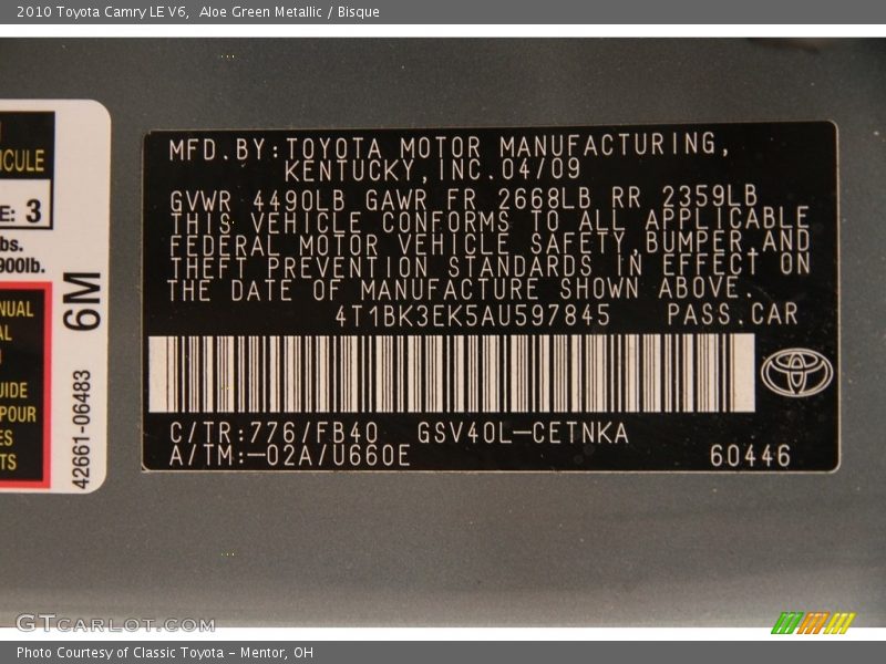 Aloe Green Metallic / Bisque 2010 Toyota Camry LE V6