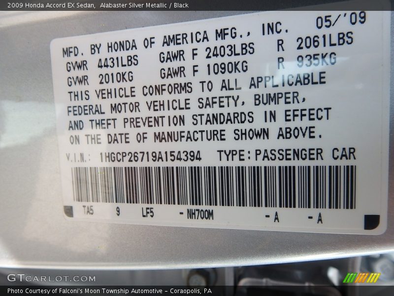 Alabaster Silver Metallic / Black 2009 Honda Accord EX Sedan