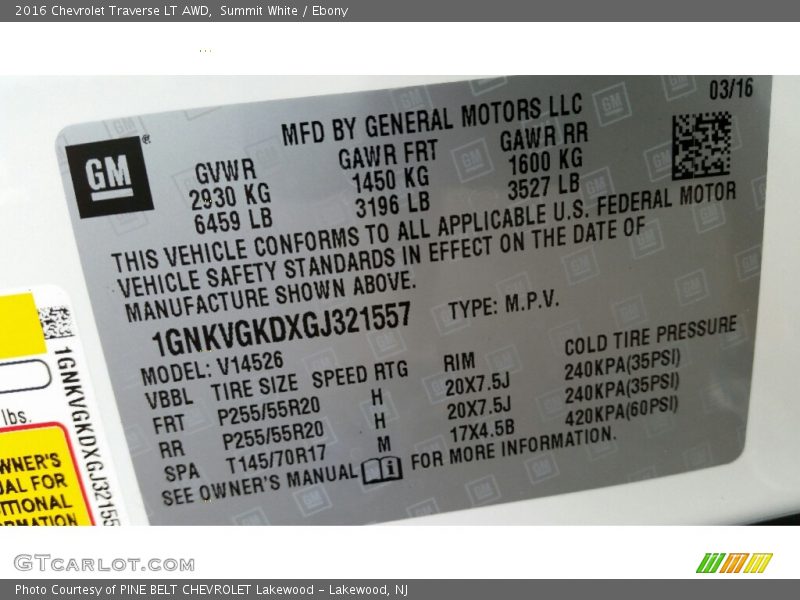Summit White / Ebony 2016 Chevrolet Traverse LT AWD