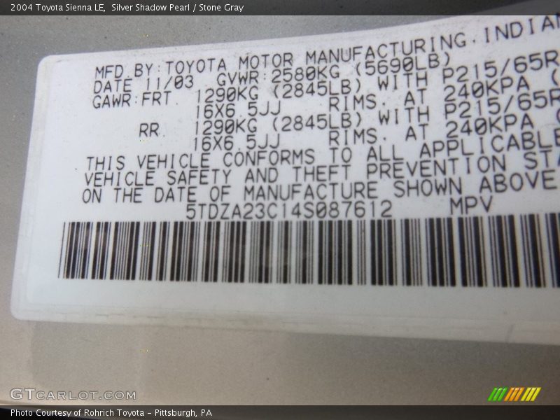Silver Shadow Pearl / Stone Gray 2004 Toyota Sienna LE