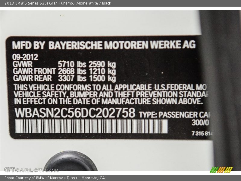 Alpine White / Black 2013 BMW 5 Series 535i Gran Turismo