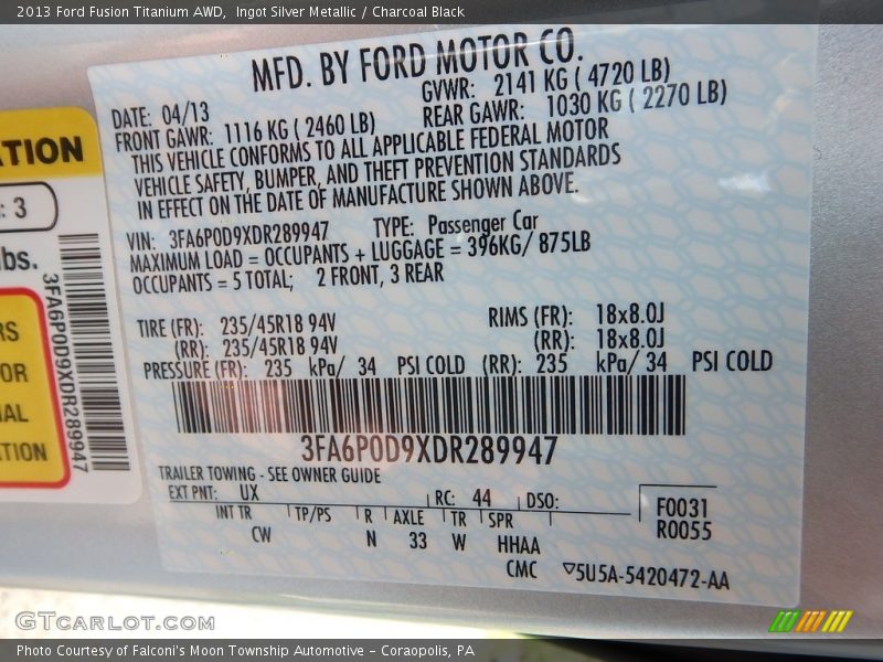 Ingot Silver Metallic / Charcoal Black 2013 Ford Fusion Titanium AWD