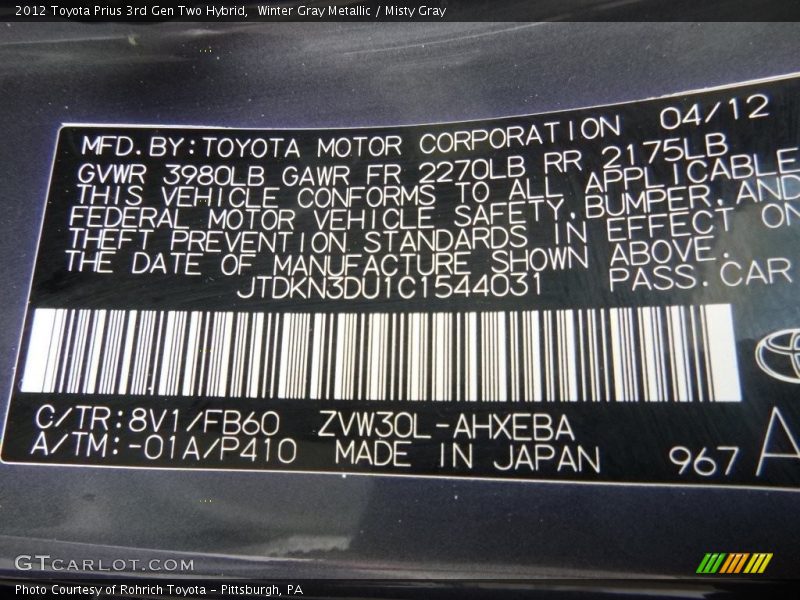 Winter Gray Metallic / Misty Gray 2012 Toyota Prius 3rd Gen Two Hybrid