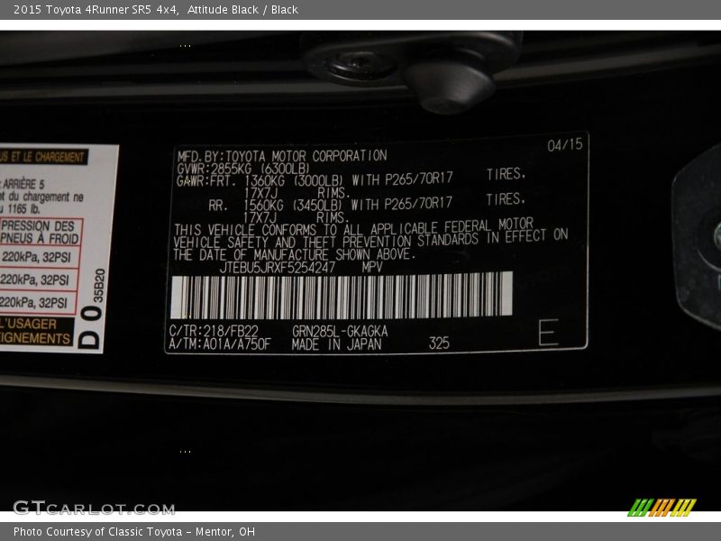 Attitude Black / Black 2015 Toyota 4Runner SR5 4x4