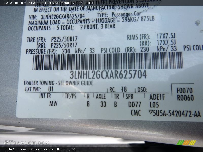 Brilliant Silver Metallic / Dark Charcoal 2010 Lincoln MKZ FWD
