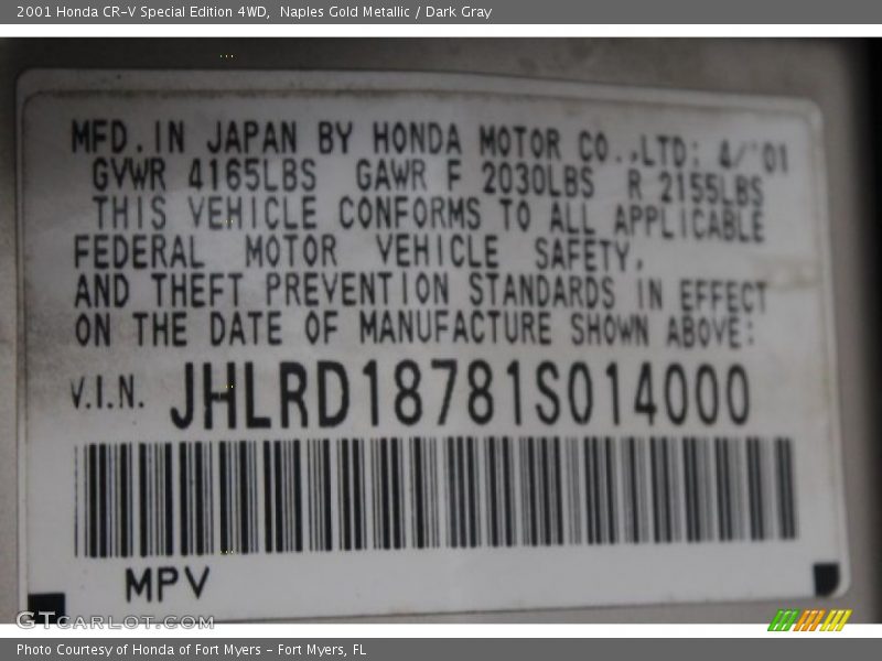 Naples Gold Metallic / Dark Gray 2001 Honda CR-V Special Edition 4WD