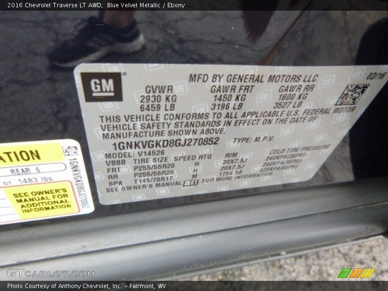 Blue Velvet Metallic / Ebony 2016 Chevrolet Traverse LT AWD