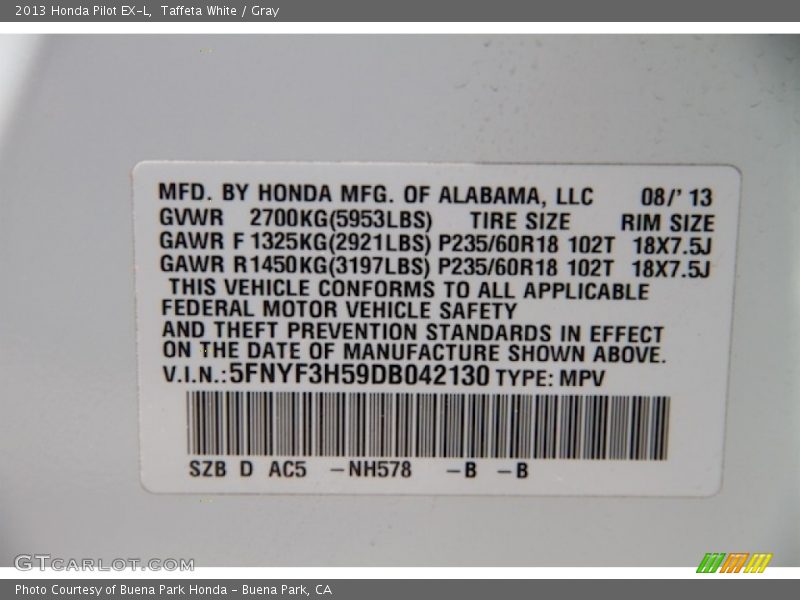 Taffeta White / Gray 2013 Honda Pilot EX-L