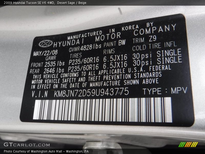 Desert Sage / Beige 2009 Hyundai Tucson SE V6 4WD
