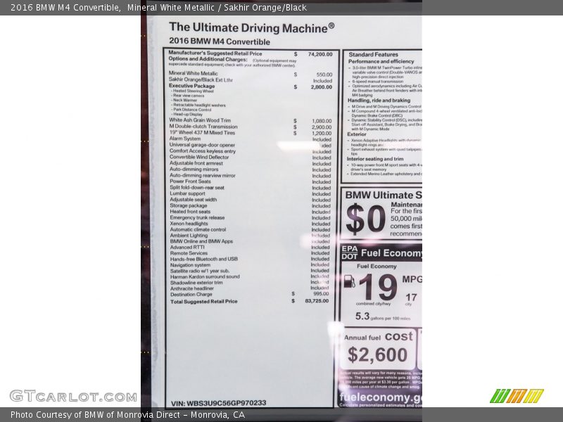  2016 M4 Convertible Window Sticker