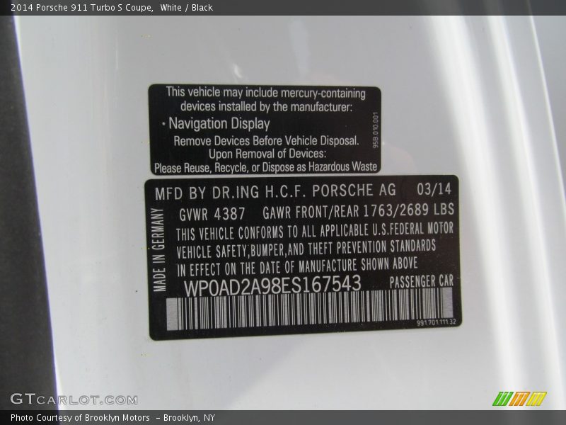 White / Black 2014 Porsche 911 Turbo S Coupe