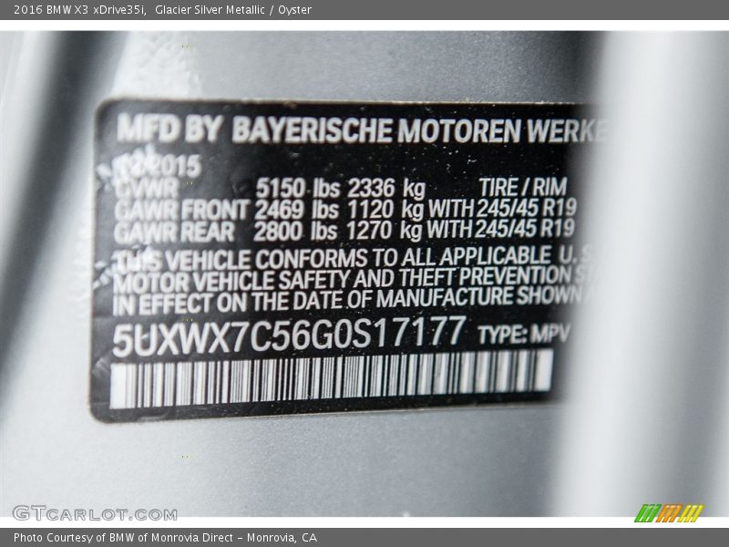 Glacier Silver Metallic / Oyster 2016 BMW X3 xDrive35i