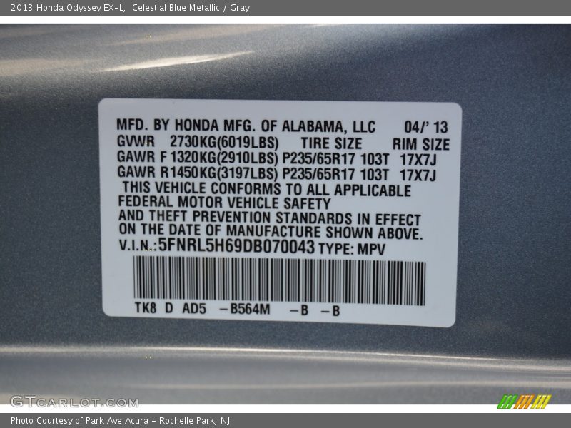Celestial Blue Metallic / Gray 2013 Honda Odyssey EX-L
