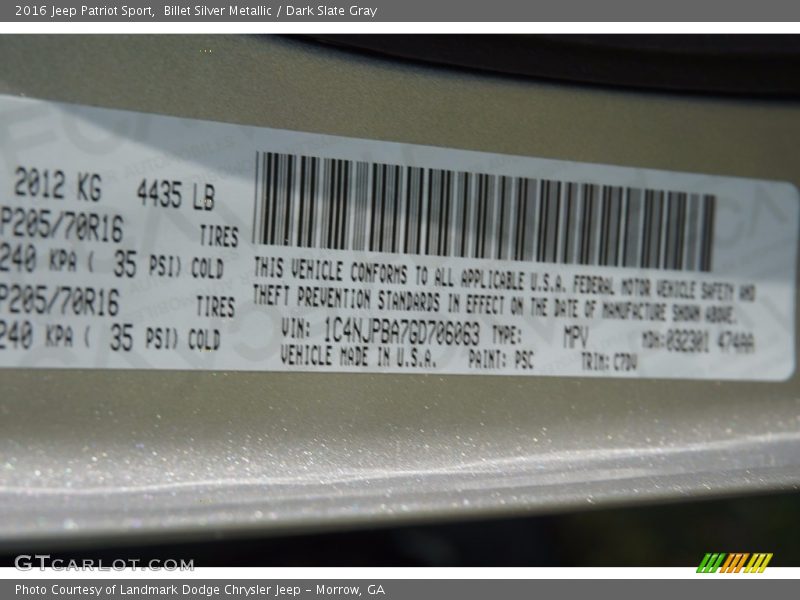 Billet Silver Metallic / Dark Slate Gray 2016 Jeep Patriot Sport