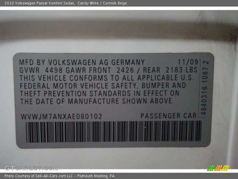 Candy White / Cornsilk Beige 2010 Volkswagen Passat Komfort Sedan