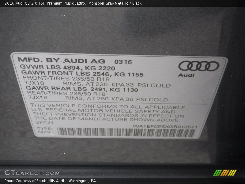 Monsoon Gray Metallic / Black 2016 Audi Q3 2.0 TSFI Premium Plus quattro