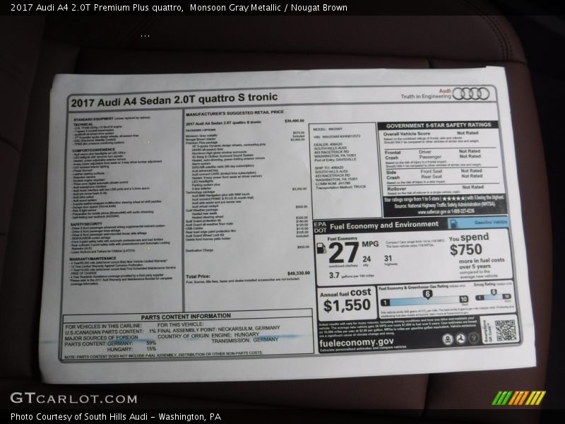  2017 A4 2.0T Premium Plus quattro Window Sticker