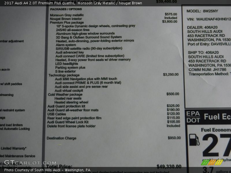  2017 A4 2.0T Premium Plus quattro Window Sticker