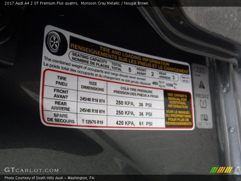 Info Tag of 2017 A4 2.0T Premium Plus quattro