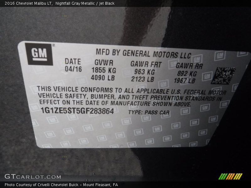 Nightfall Gray Metallic / Jet Black 2016 Chevrolet Malibu LT