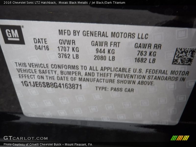Mosaic Black Metallic / Jet Black/Dark Titanium 2016 Chevrolet Sonic LTZ Hatchback