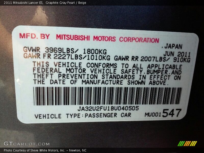 Graphite Gray Pearl / Beige 2011 Mitsubishi Lancer ES