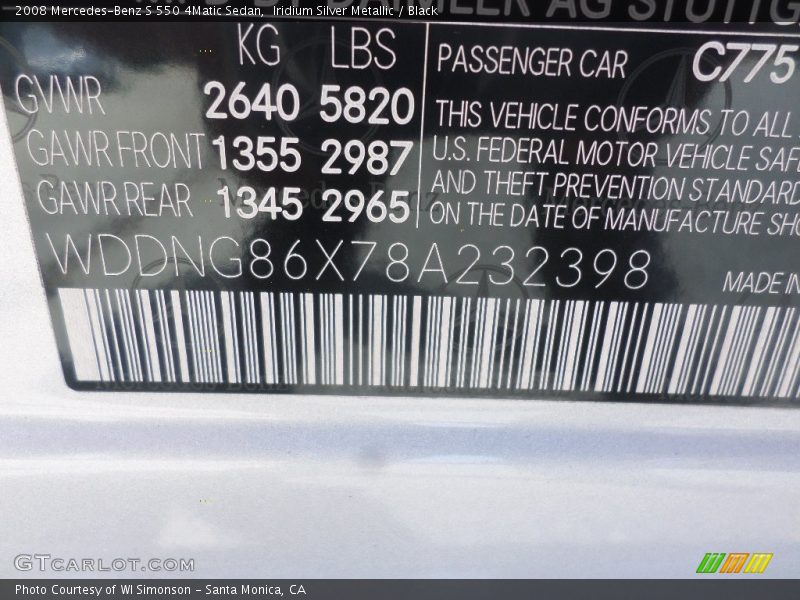 Iridium Silver Metallic / Black 2008 Mercedes-Benz S 550 4Matic Sedan