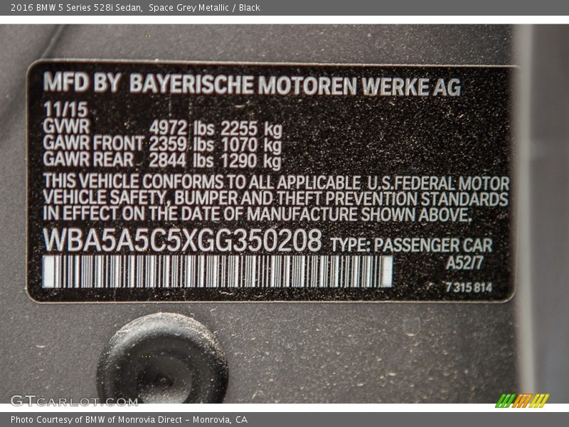 Space Grey Metallic / Black 2016 BMW 5 Series 528i Sedan