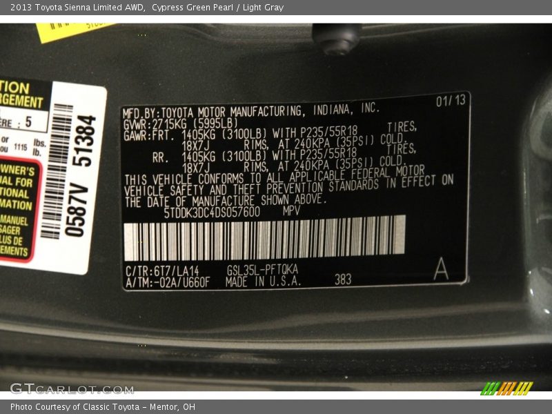 Cypress Green Pearl / Light Gray 2013 Toyota Sienna Limited AWD