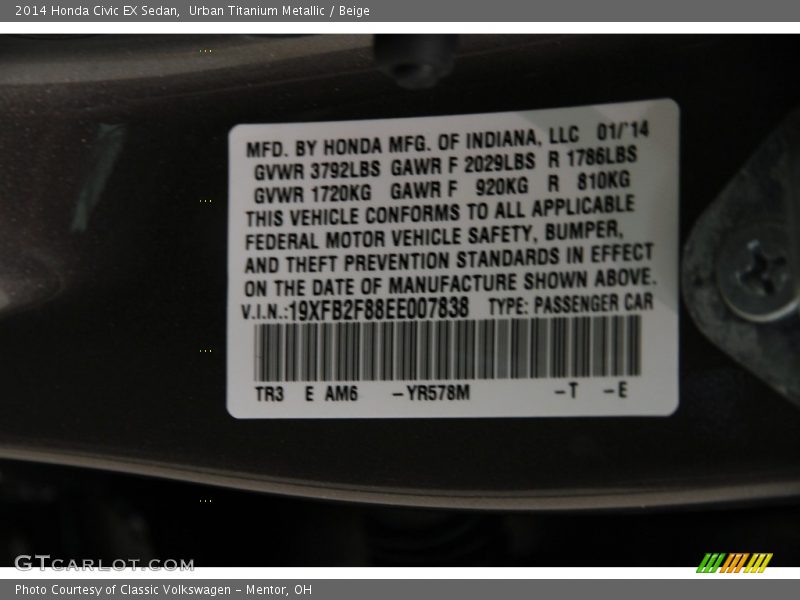 Urban Titanium Metallic / Beige 2014 Honda Civic EX Sedan