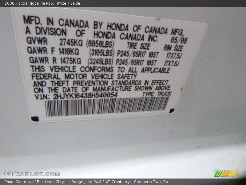 White / Beige 2008 Honda Ridgeline RTS