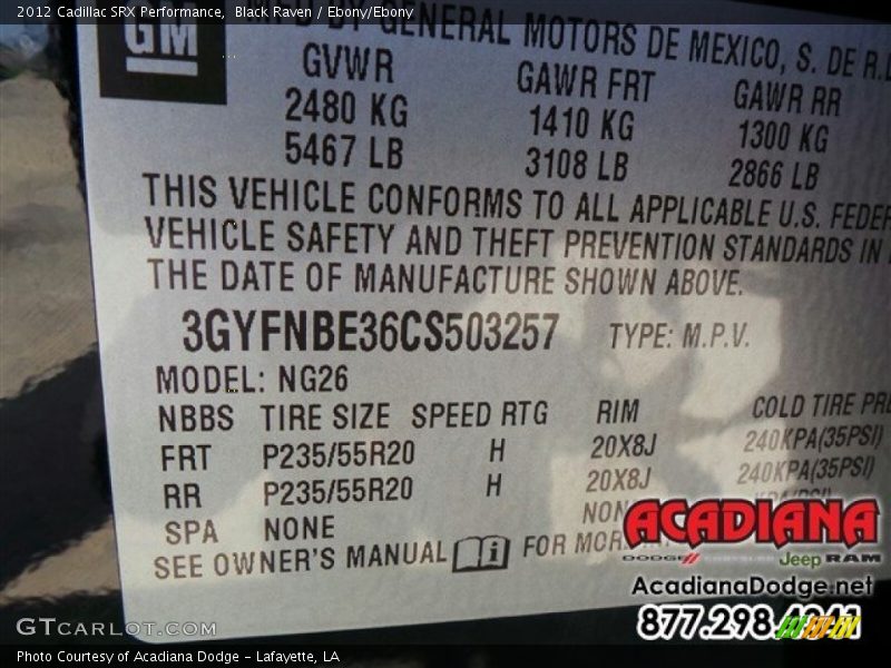 Black Raven / Ebony/Ebony 2012 Cadillac SRX Performance
