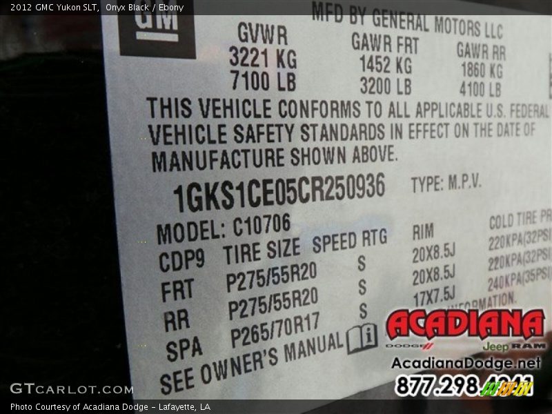 Onyx Black / Ebony 2012 GMC Yukon SLT