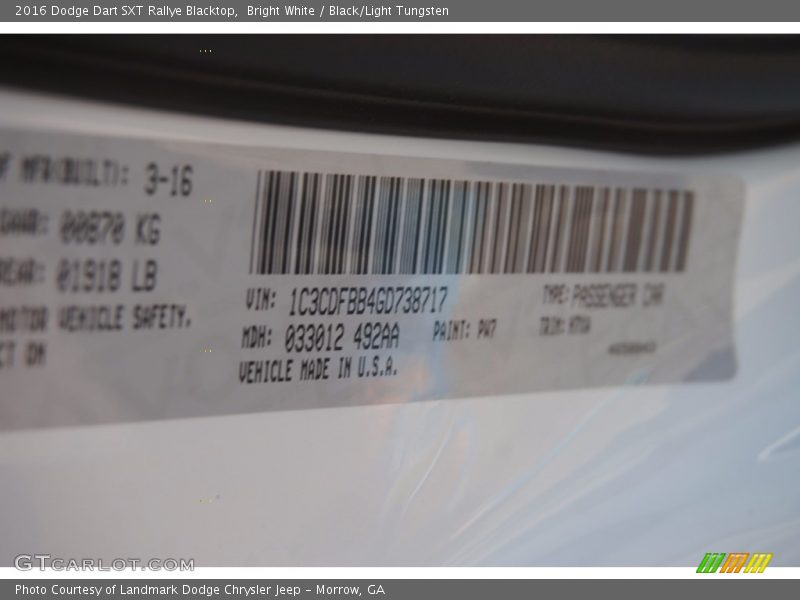 Bright White / Black/Light Tungsten 2016 Dodge Dart SXT Rallye Blacktop