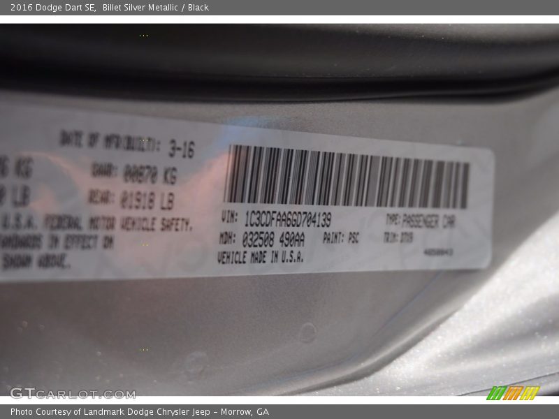 Billet Silver Metallic / Black 2016 Dodge Dart SE