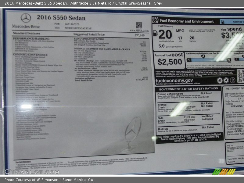  2016 S 550 Sedan Window Sticker