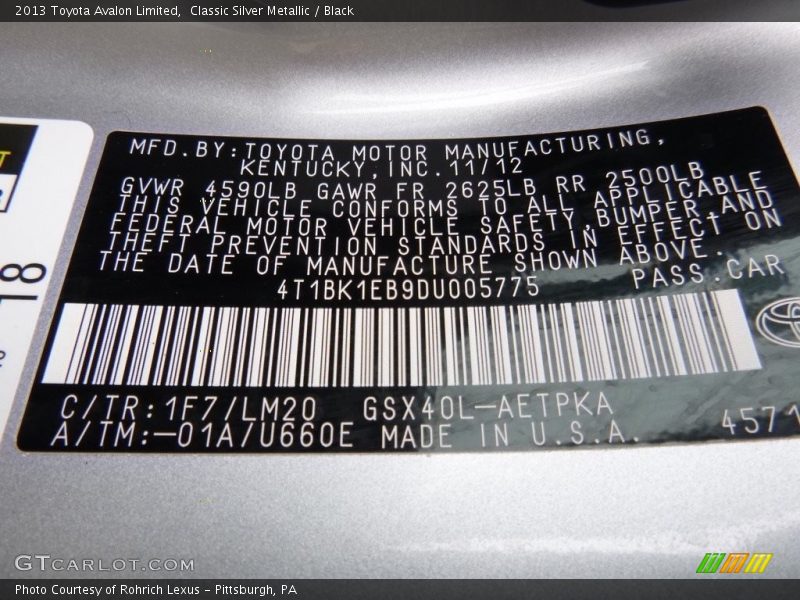 Classic Silver Metallic / Black 2013 Toyota Avalon Limited