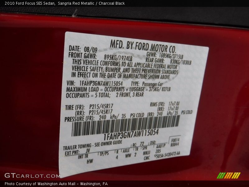 Sangria Red Metallic / Charcoal Black 2010 Ford Focus SES Sedan