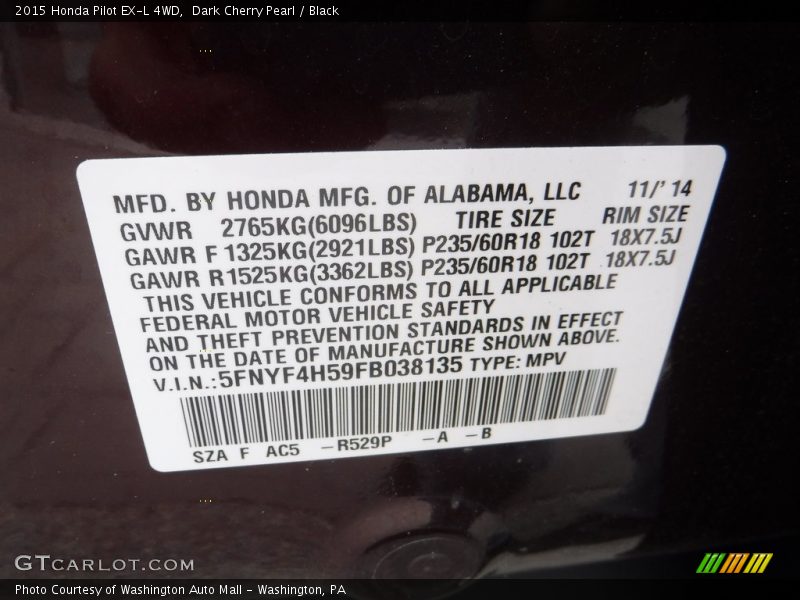 Dark Cherry Pearl / Black 2015 Honda Pilot EX-L 4WD