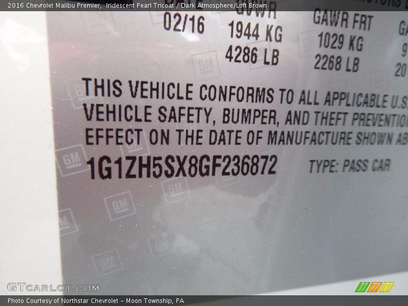 Iridescent Pearl Tricoat / Dark Atmosphere/Loft Brown 2016 Chevrolet Malibu Premier