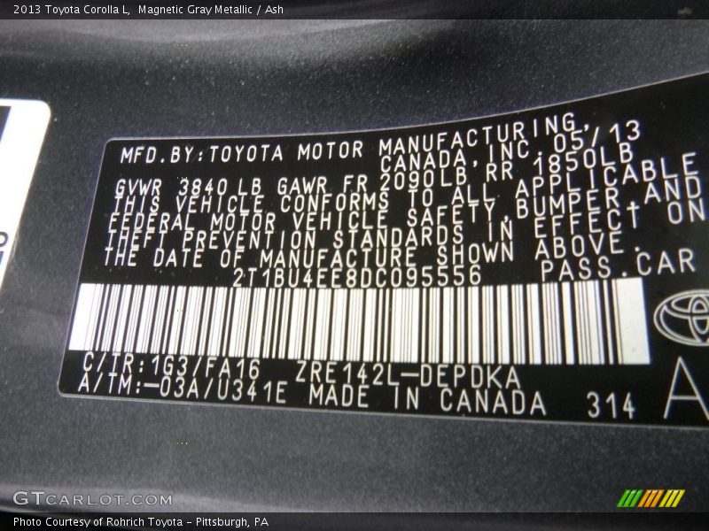Magnetic Gray Metallic / Ash 2013 Toyota Corolla L