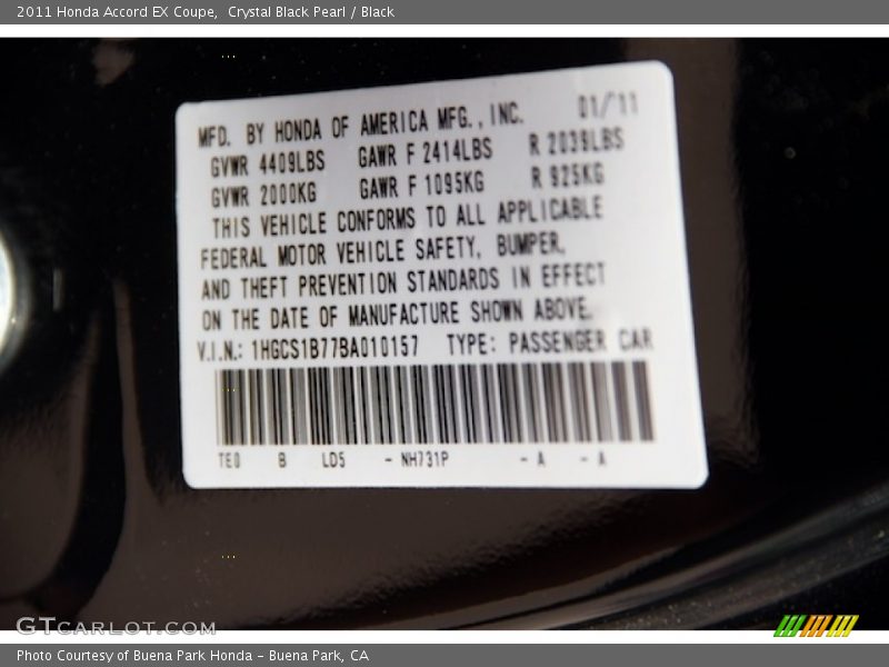 Crystal Black Pearl / Black 2011 Honda Accord EX Coupe